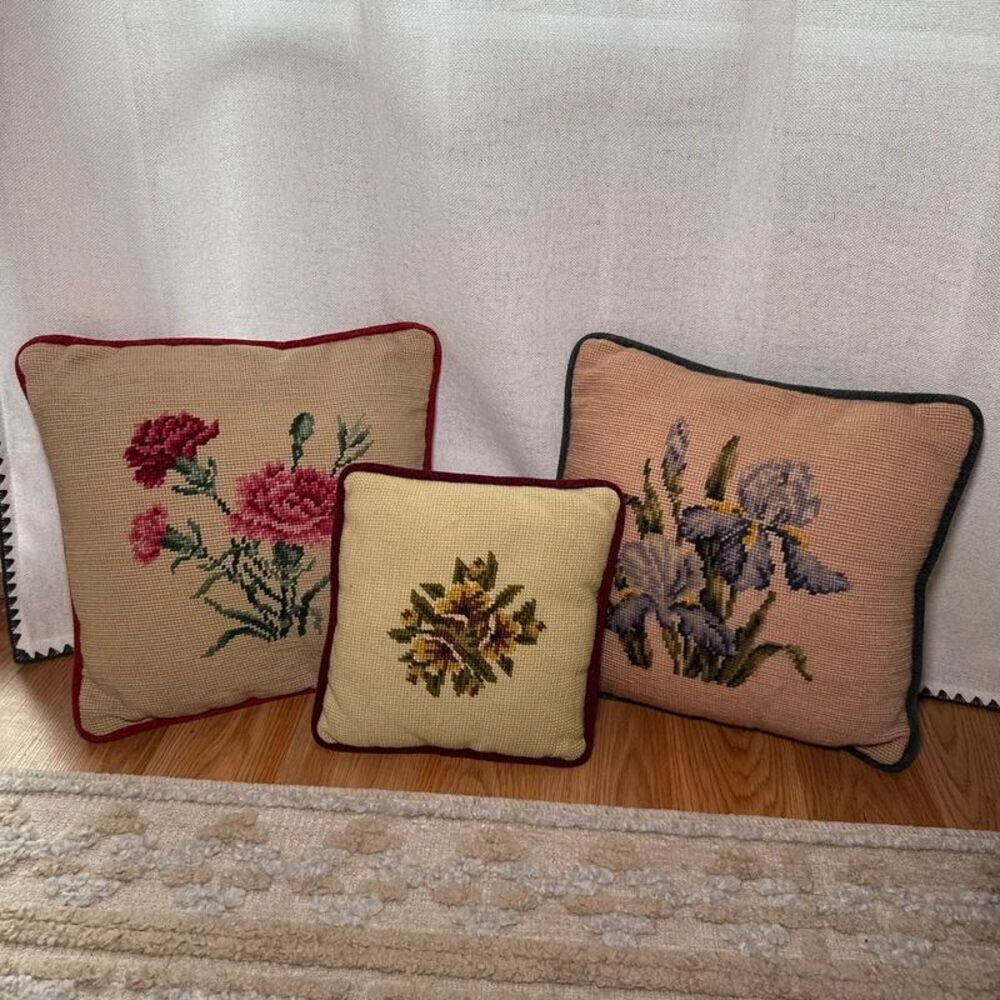 Vintage Handmade Needlepoint Floral Pillows Set of 3 Grandmillennial Cottagecore